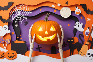 skeleton holding Halloween pumpkin
