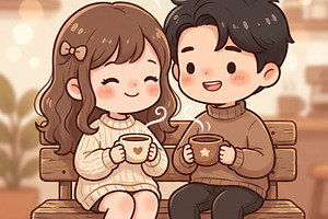 Chibi Couple Coffee Date Wallpaper