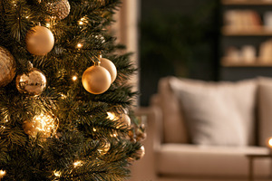 Elegant Christmas tree with warm lights in cozy living room