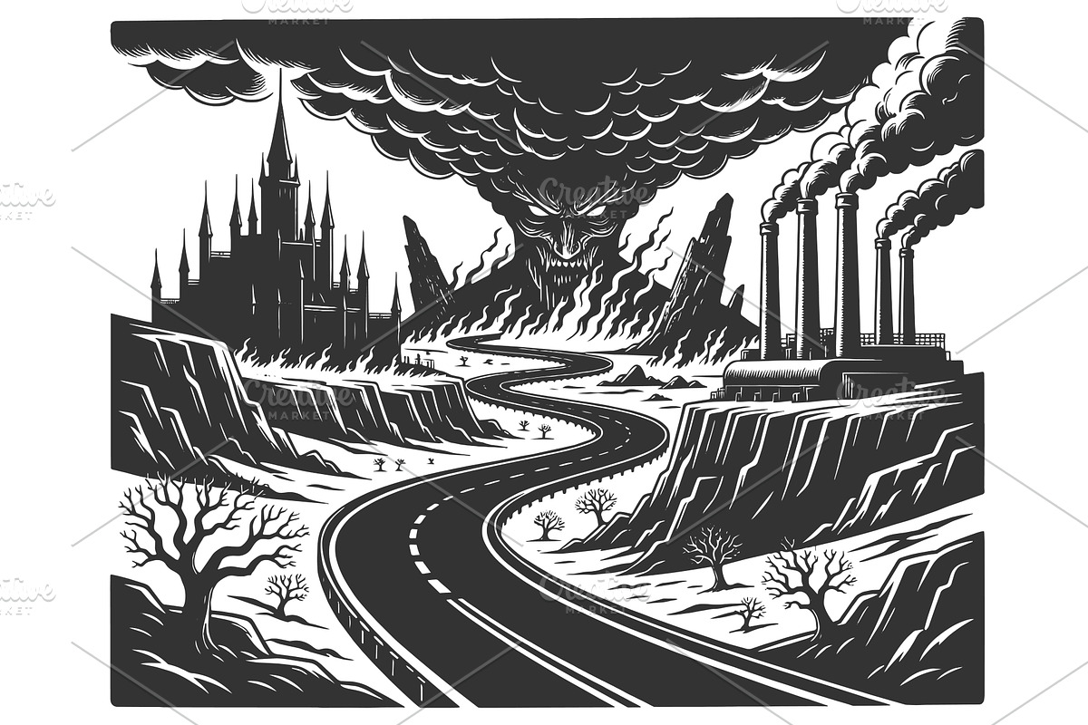 Road Leading to Devil in Dystopian, an Illustration by AlexArt