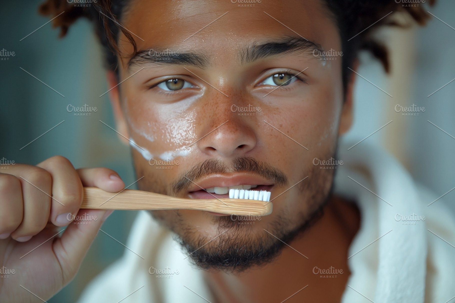 A young man of mixed ethnicity brushes his teeth while applying, a Person Photo by ImageMir