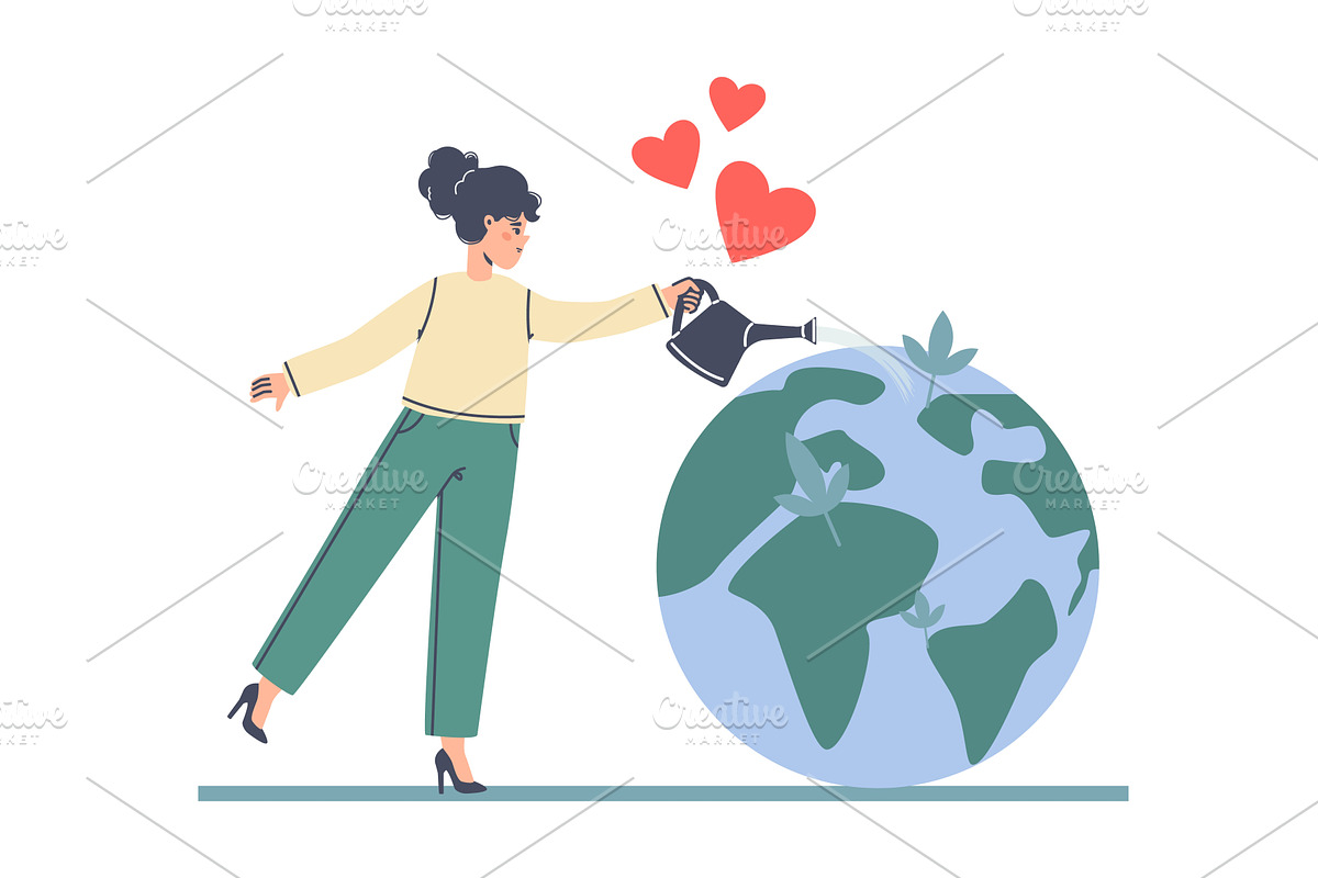 Earth loving. Girl watering planet, an Object Illustration by Valerie Bodnar