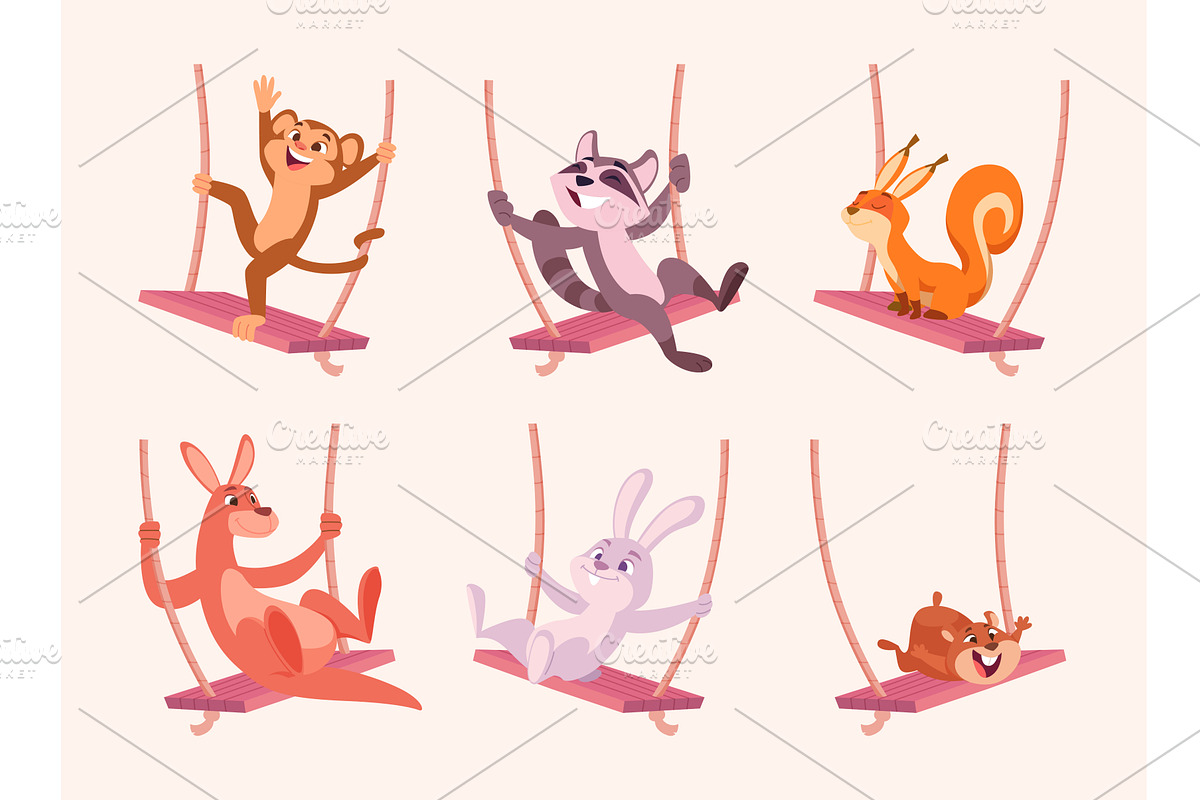 Animals on swing. Cute little baby, an Animal Illustration by Onyx