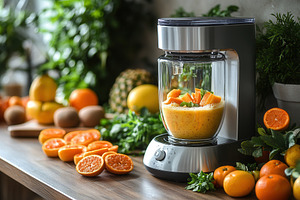 Fresh fruit blending in a bright kit, a Photo by Tanuart