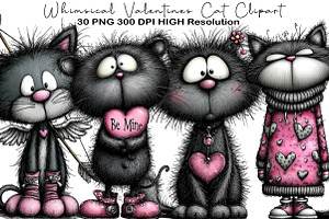 Whimsical Valentines Cat Clipart, an Animal Illustration by Black Bird Studio