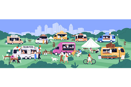 Summer festival with food trucks, a Person Illustration by Good Studio
