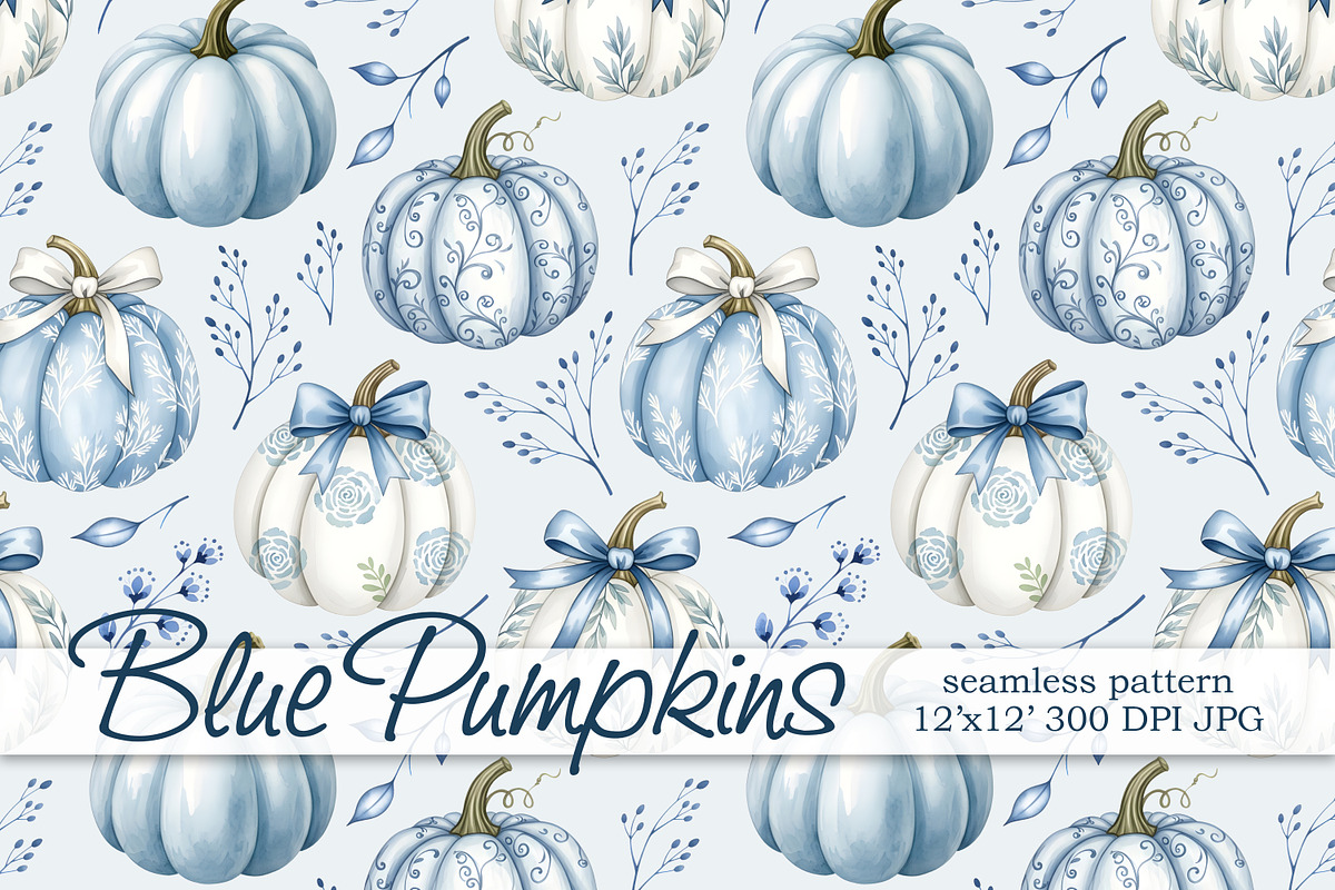 Blue White Pumpkins Seamless Pattern, a Pattern Graphic by Kreeya Art Shop (Photo 1 of 9)