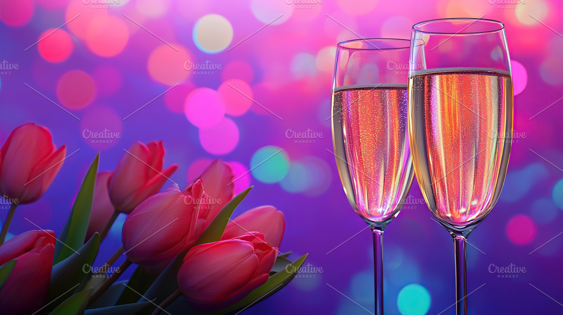 Champagne glasses on blurred lights background, Valentine's Day, a Photo by AlyaAnd