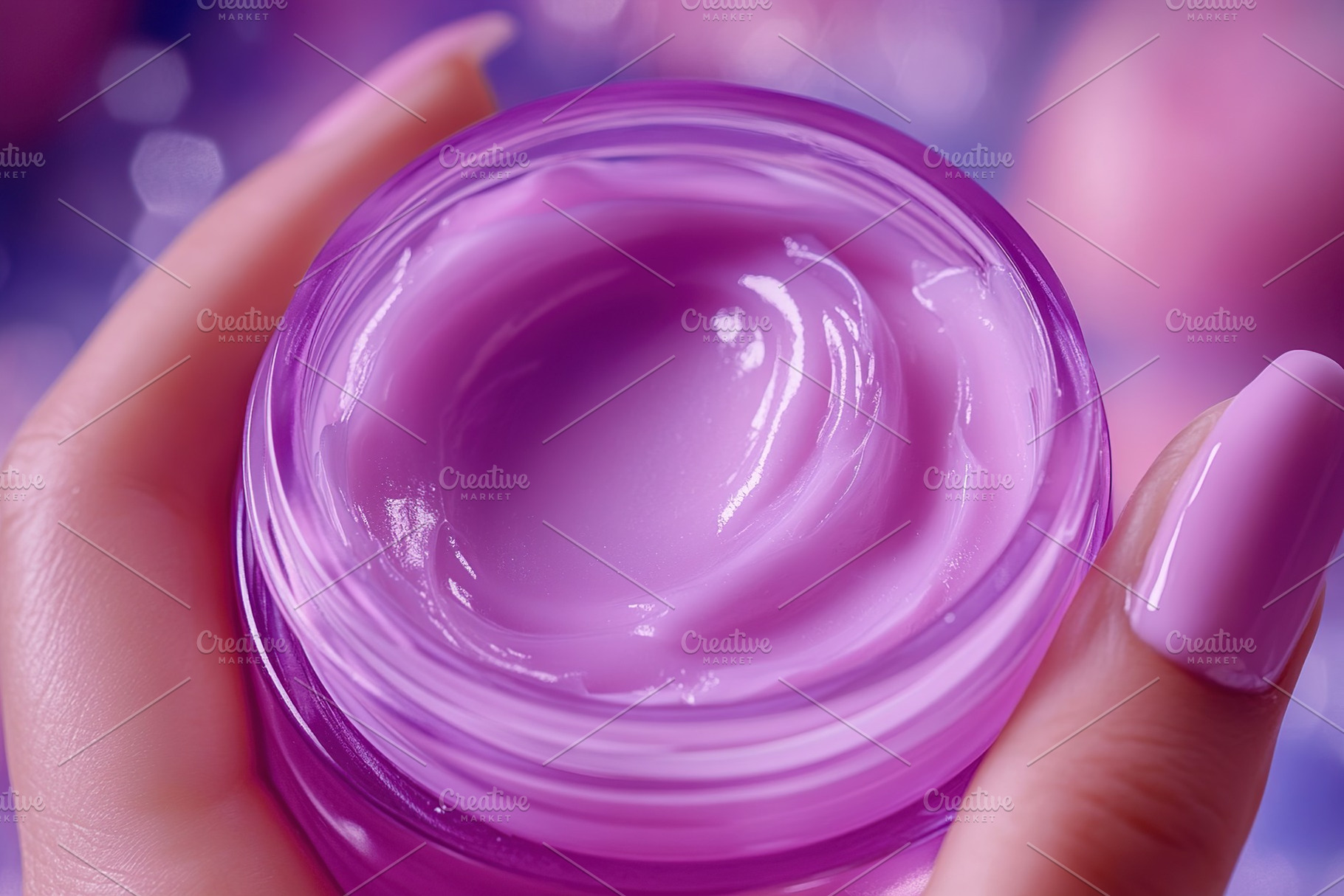 Female model hand holding cosmetic jar with purple cream, a Beauty & Fashion Photo by AlyaAnd