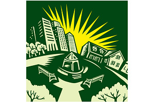 Urban Building Park House Woodcut, a Decorative Illustration by patrimonio