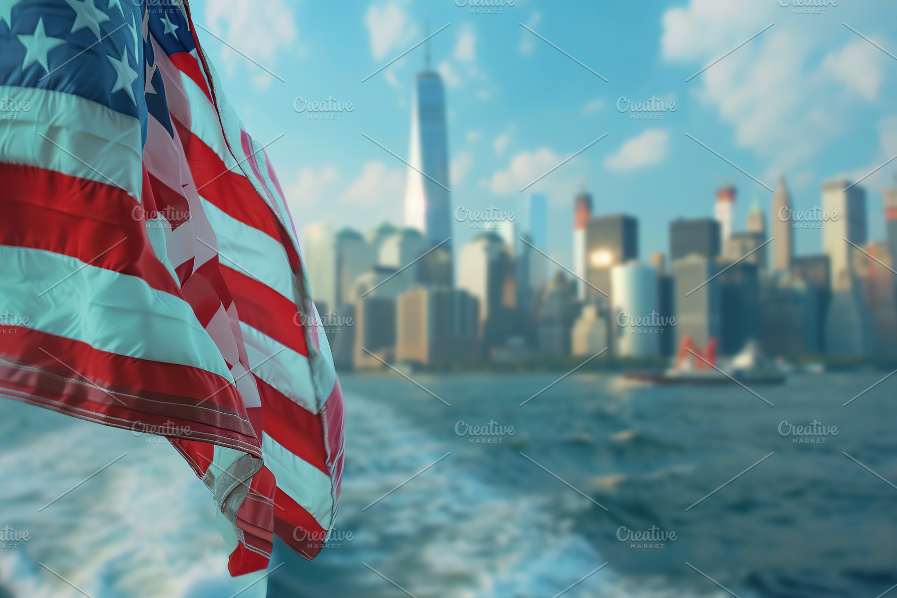 American flag waving on Manhattan background, a Photo by AlyaAnd