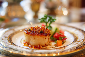 Seared scallop with caviar and garnish, luxury fine dining exper, a Food & Drink Photo by Studio ANNA