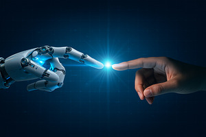 Hand touching virtual screen, a Technology Photo by HubbaDigitals