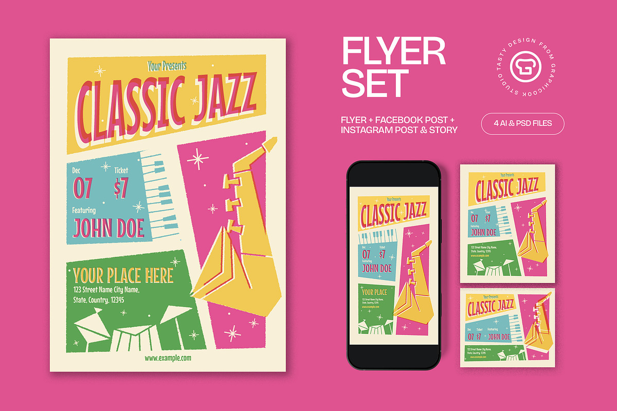 Pink Yellow Classic Jazz Flyer Set