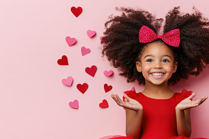 Smiling young girl in a red dress with a bow and heart-shaped decorations, set, a Person Photo by Mashimara