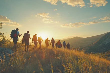 A group of hikers climbs a scenic mo, a Photo by Tanuart