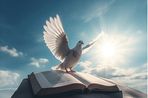 Dove on open bible book with blue, a Nature Photo by Ylivdesign