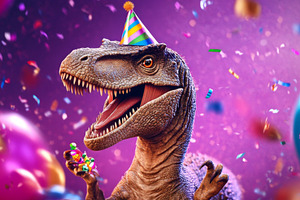 Blue Dinosaur Celebrating with Party Hat and Balloons, an Abstract Photo by Natalia Klenova's Shop