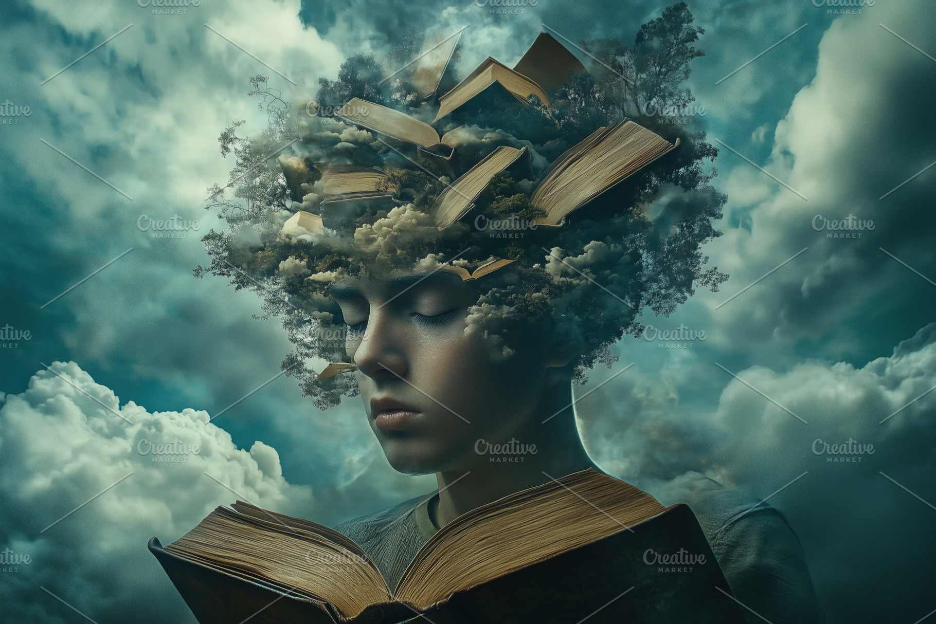 A surreal image of a psycholinguist person with a head made of clouds, trees, a, a Person Photo by Textures & Backgrounds