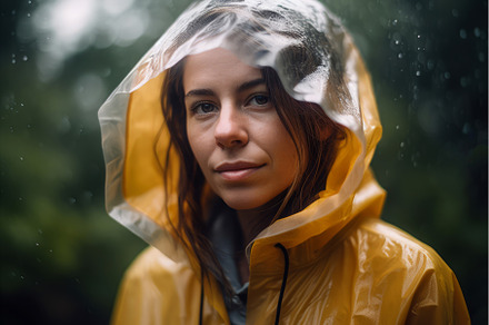 Raincoat woman smiling outdoor photo, a Person Photo by Ylivdesign