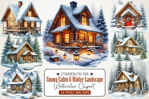Snowy Cabin & Winter Landscape Png, an Illustration by RobertsArt