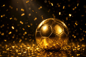 a golden soccer ball with confetti, generative AI, a Photo by Nito