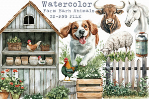 Watercolor Farm Barn Animals Clipart, an Illustration by Libby Wishes