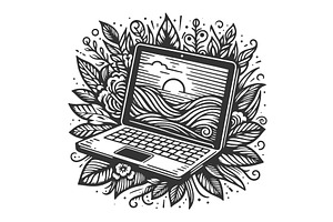 Open laptop engraving sketch vector, a Technology Illustration by AlexArt