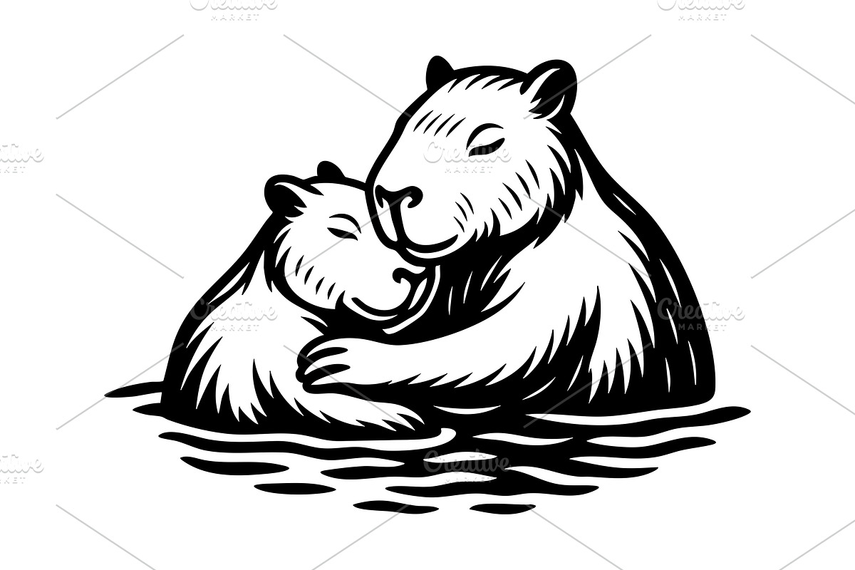 two capybaras hugging in water., an Animal Illustration by yod67