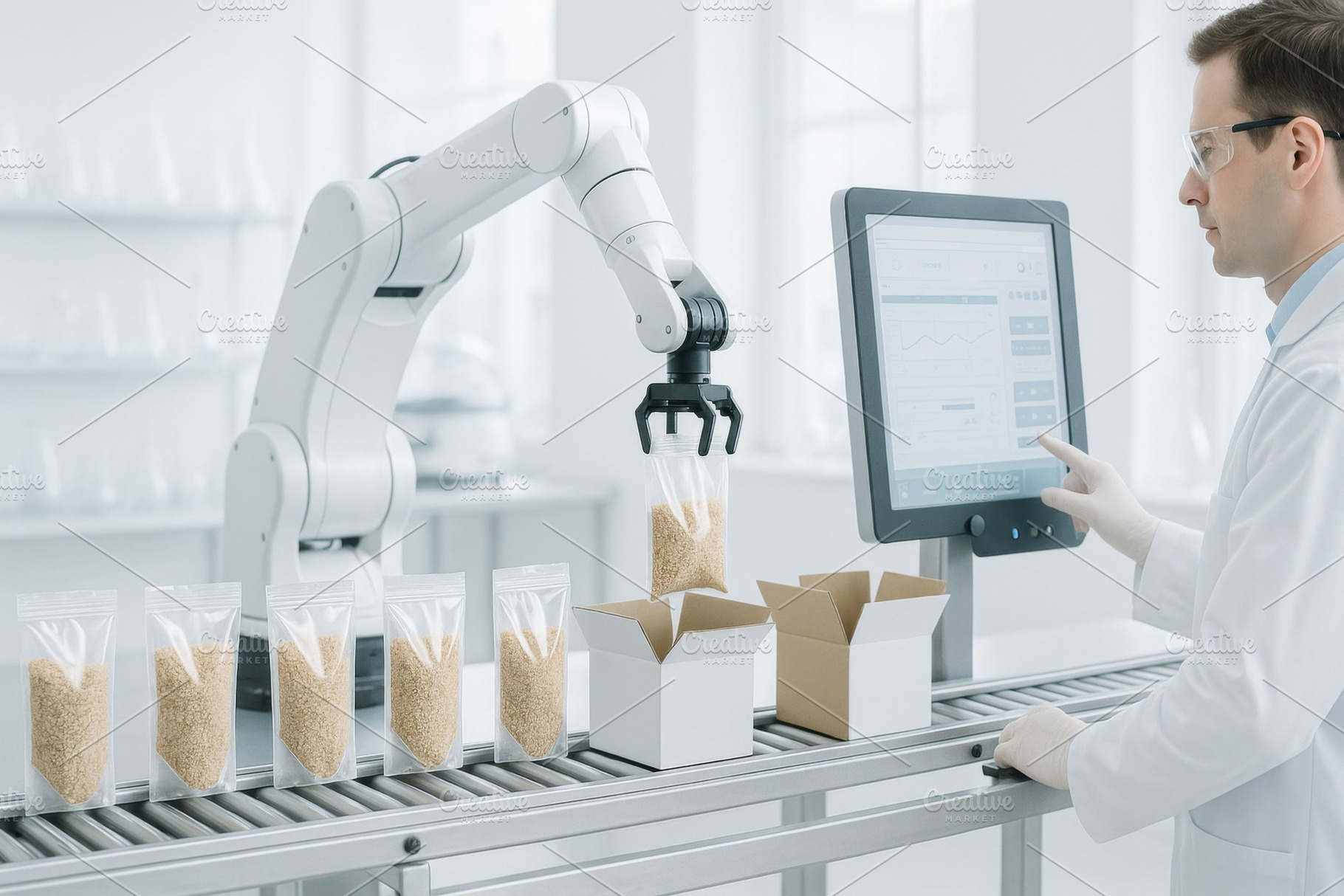 Robotic food packaging assembly line, a Photo by Dvoevnore photos
