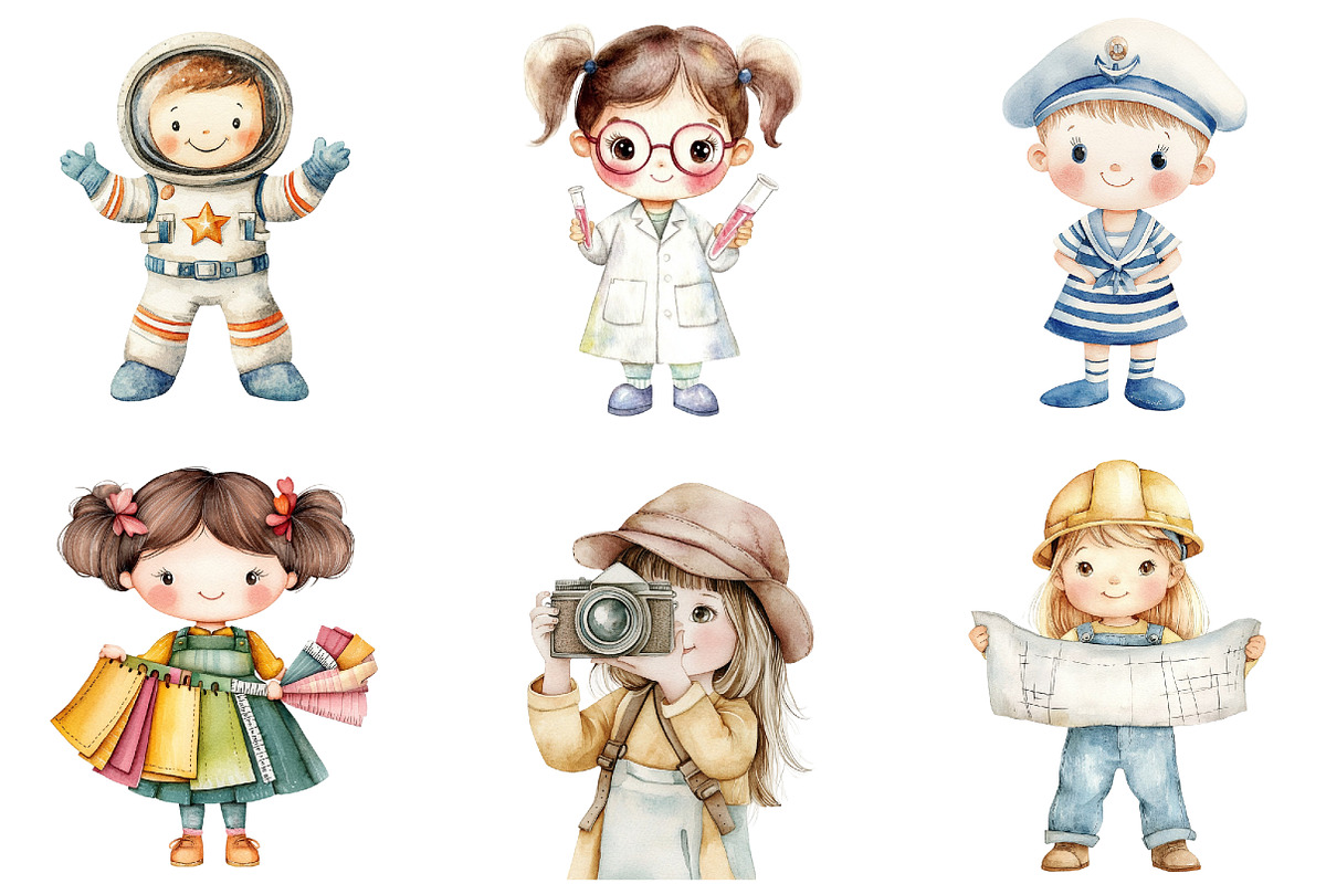 Watercolor Kids Career Clipart, a Seasonal Illustration by designcity5 (Photo 3 of 5)