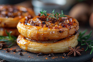 Deliciously baked pastry dessert topped with caramelized nuts an, a Food & Drink Photo by ImageMir