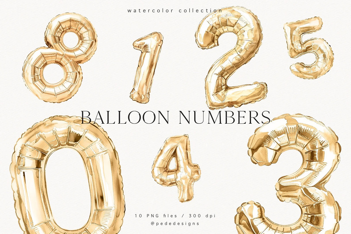 Gold Balloon Numbers, a Decorative Illustration by PeDe Designs (Photo 1 of 7)