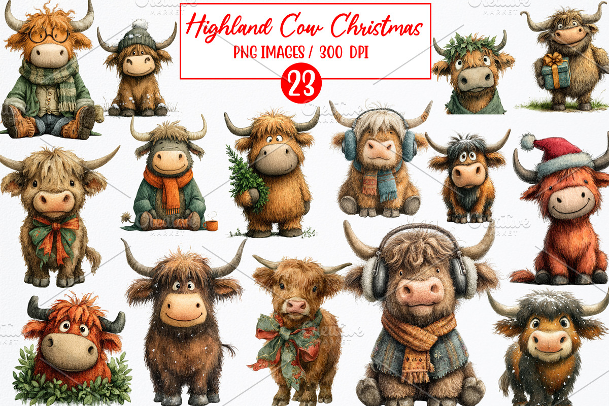 Highland Cow Christmas Clipart, an Illustration by Watercolor design (Photo 1 of 6)