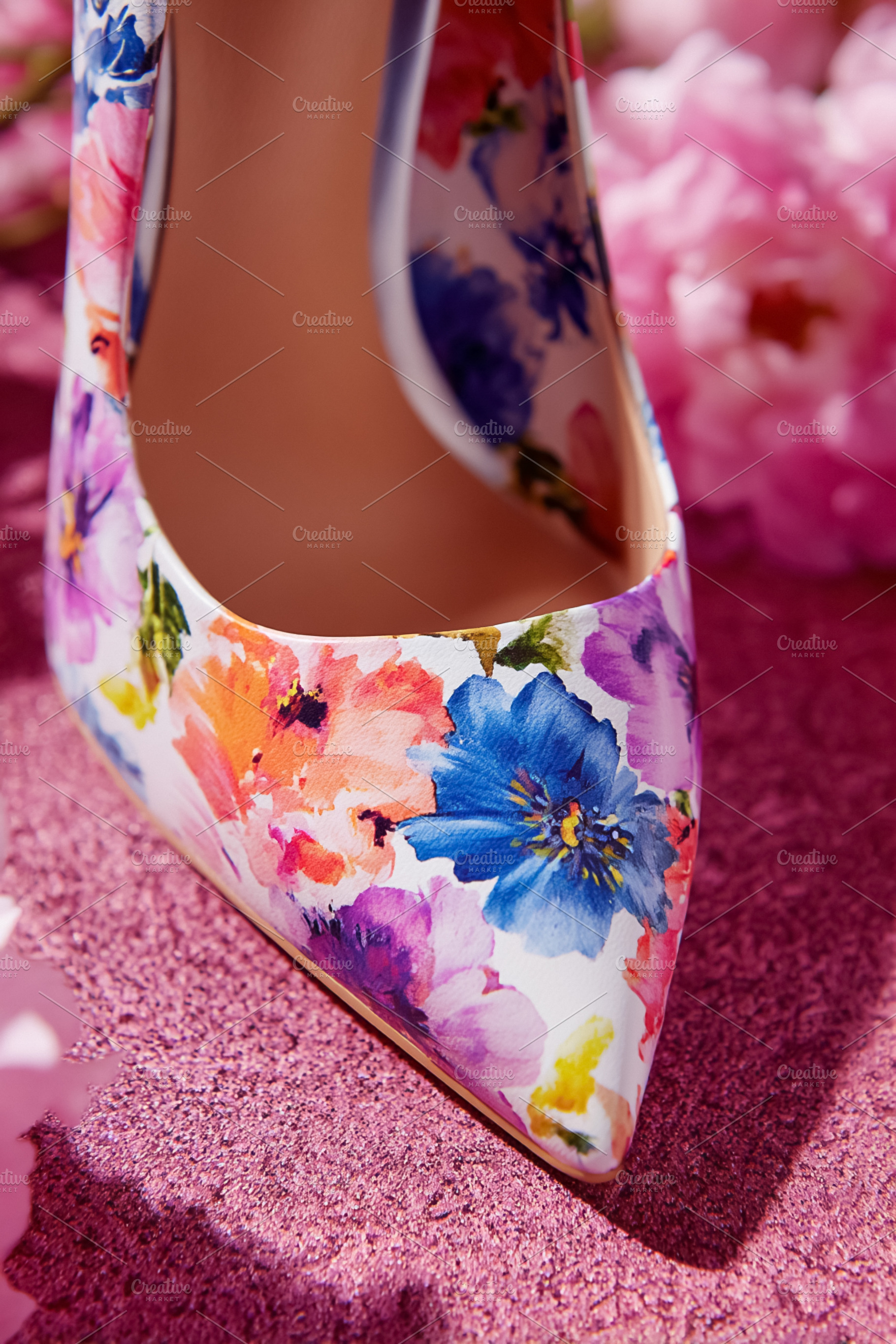Floral pattern pump shoe showcasing spring fashion, elegance, an, a Photo by Studio ANNA