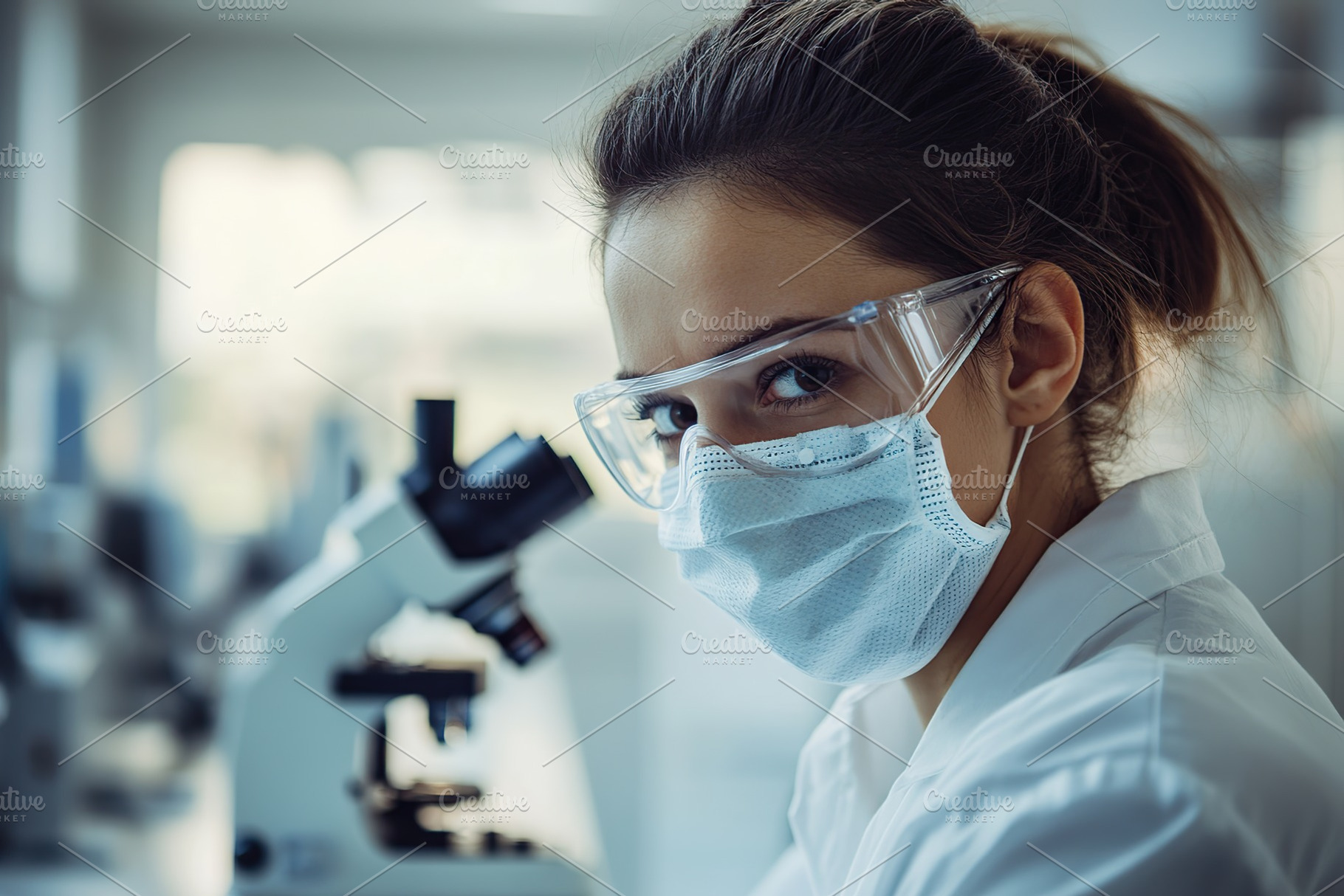 Female scientist with face mask looking on a petri dish under a microscope in m, a Health & Medical Photo by AlyaAnd