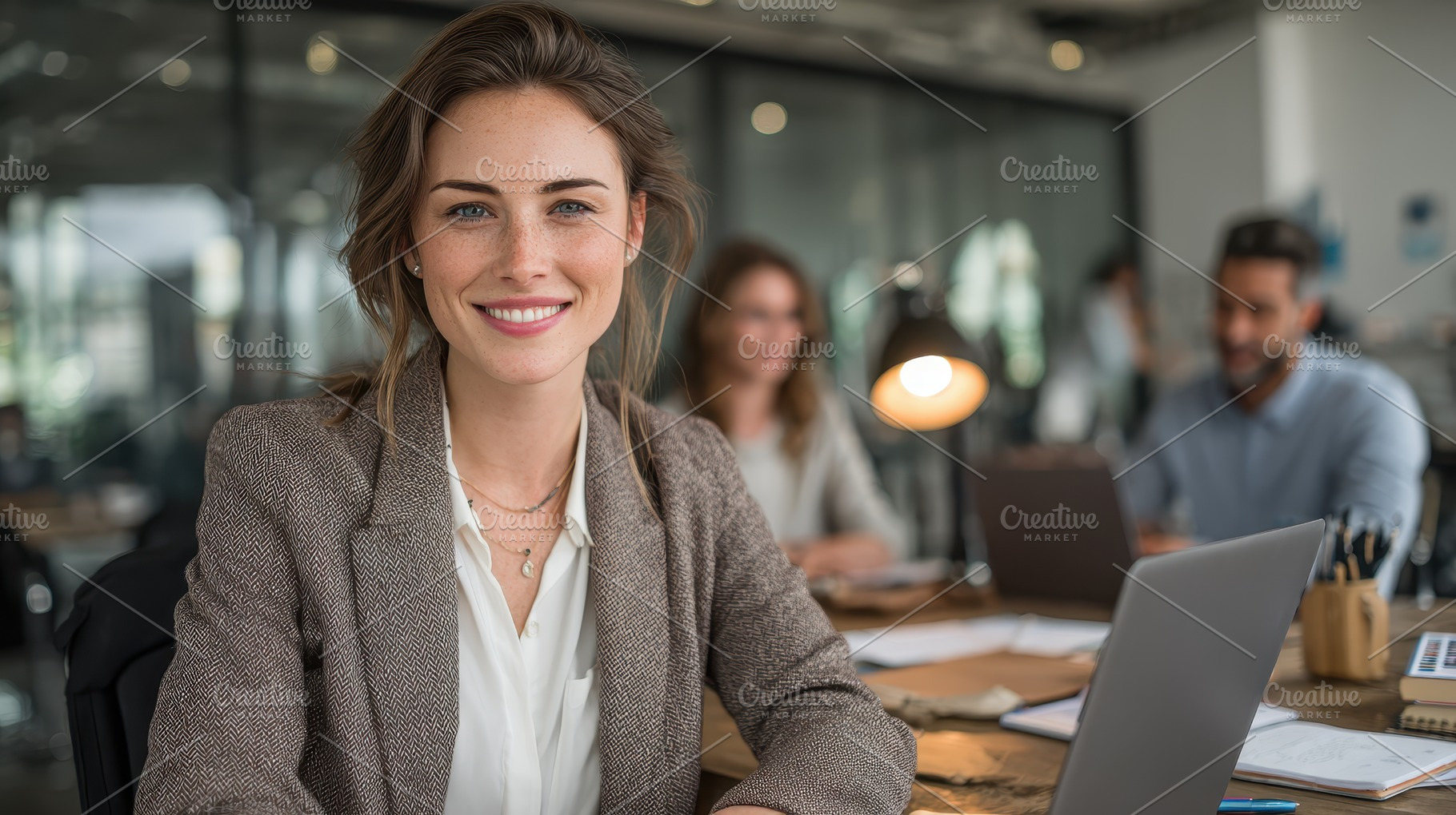 Confident businesswoman smiling in m, a Photo by Pixeness Studio