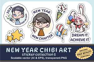 New Year Chibi Art Sticker Set 5, an Illustration by vectstudio