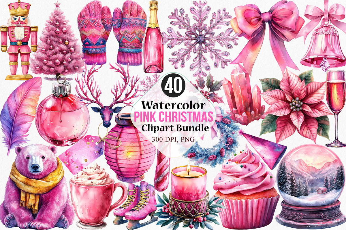 Watercolor Pink Christmas Clipart, an Illustration by Canvas Craft (Photo 1 of 7)