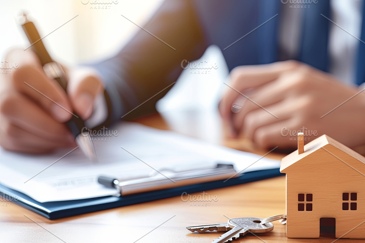 Close-up of keys and model house during property contract signing, an Illustration by AS photostudio