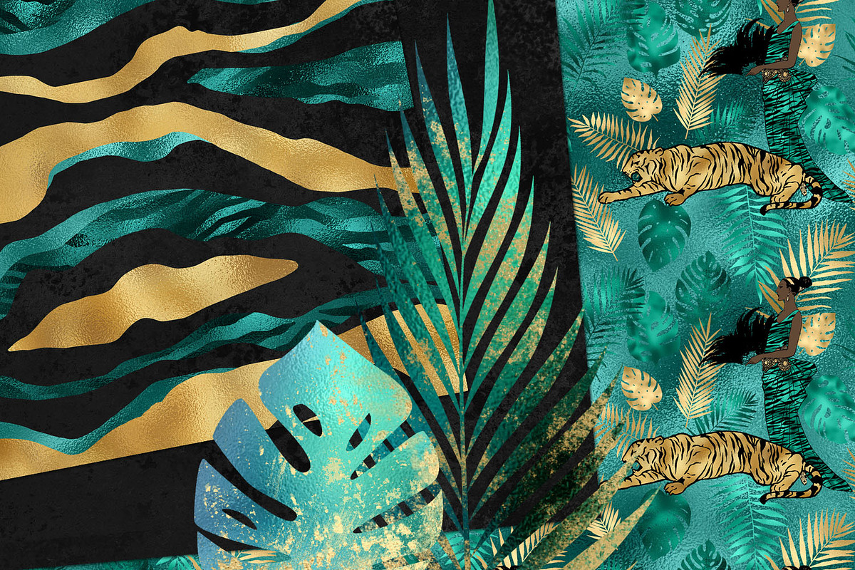 Teal and Gold Tiger Digital Paper, a Pattern Graphic by Digital Curio