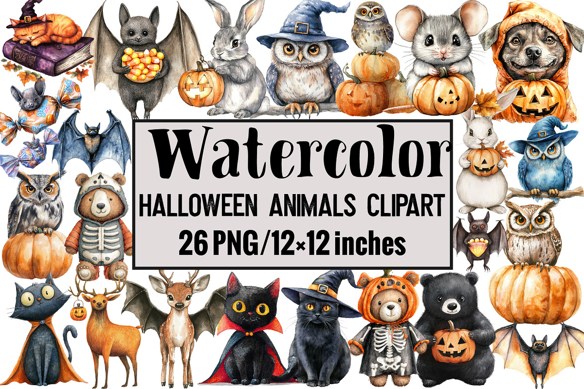 Watercolor Halloween Animals Clipart, an Illustration by Design Market (Photo 1 of 3)