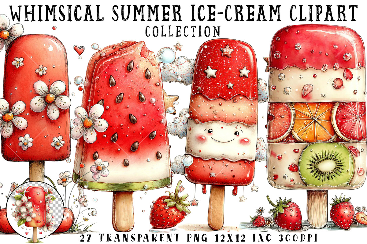 Whimsical Summer Ice-Cream Clipart, an Illustration by OK Design (Photo 1 of 6)