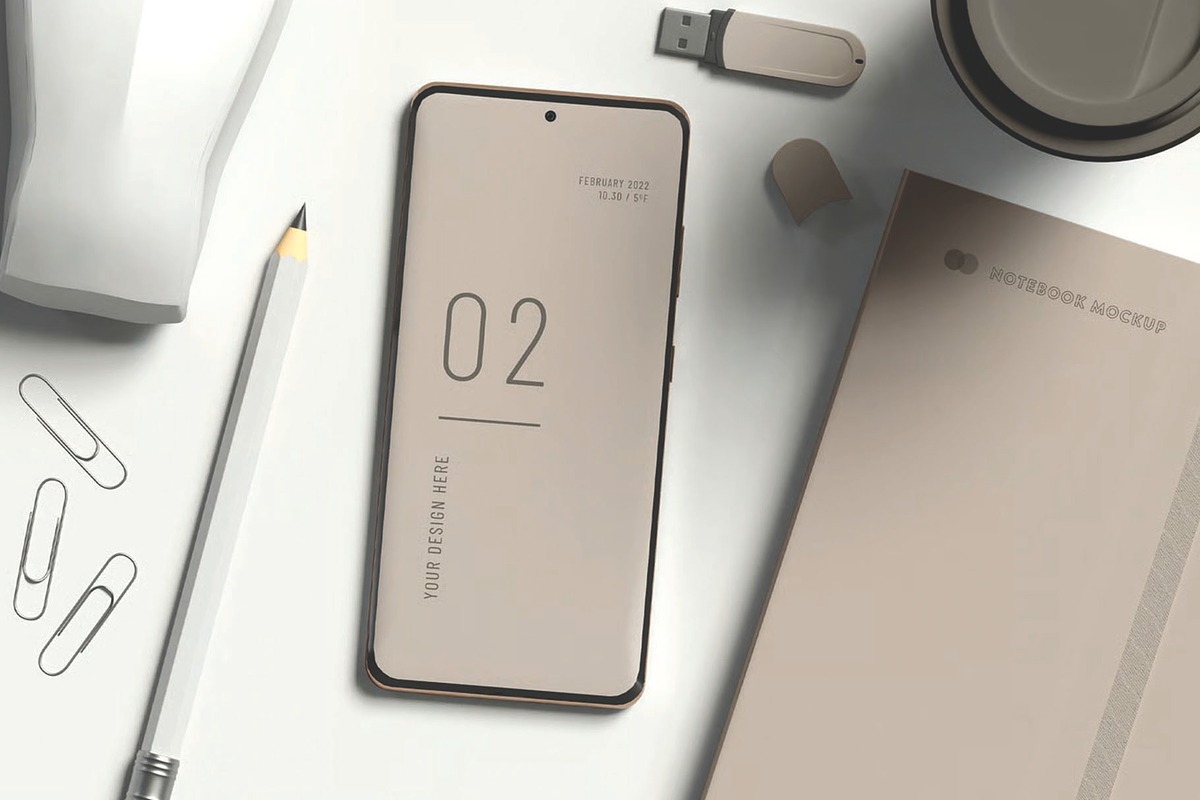 Smartphone with Office Items Mockup, an Advertising Mockup by skybluecreative (Photo 1 of 3)