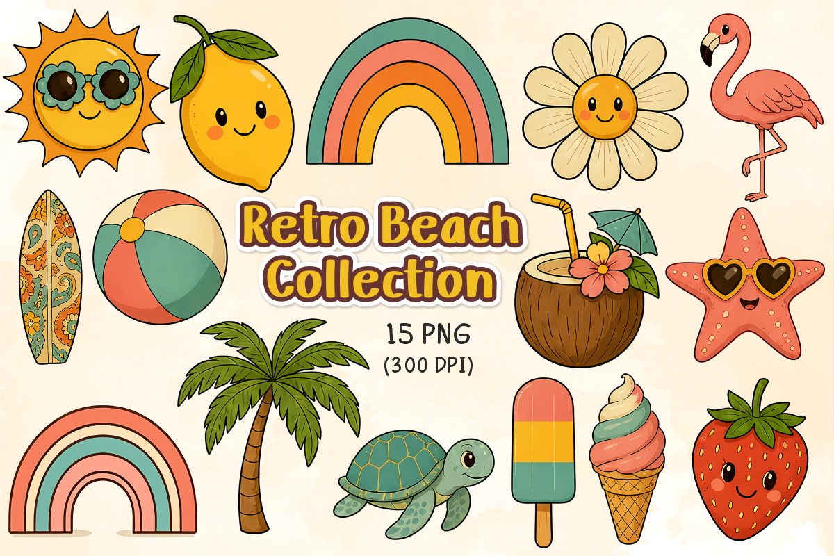 Retro Beach Collection, a Seasonal Illustration by KiddoGlyphs Studio (Photo 1 of 4)