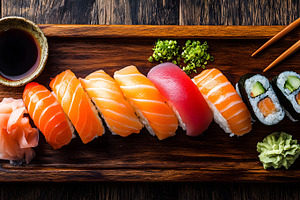 Sushi nigiri and rolls with soy sauce and wasabi, a Food & Drink Photo by Photostock