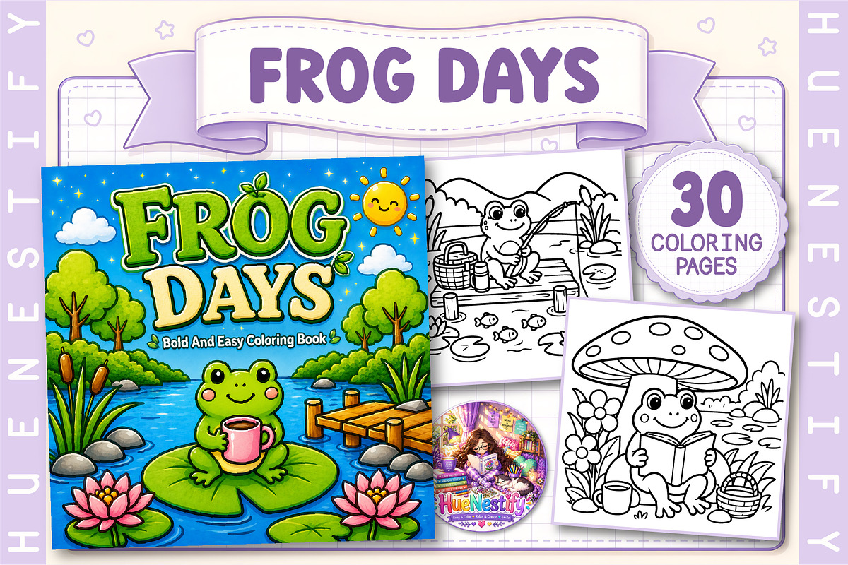 Frog Day Bold and Easy Coloring Book, a Seasonal Illustration by HueNestify (Photo 1 of 4)