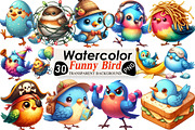 Watercolor Funny Bird Clipart, an Illustration by Black Bird Studio (Thumbnail 1 of 6)