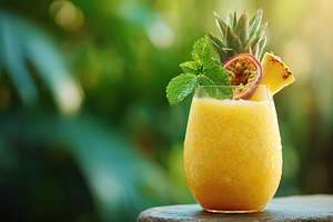 Refreshing tropical drink served in a glass with pineapple and mint garnish in, a Food & Drink Photo by AlyaAnd
