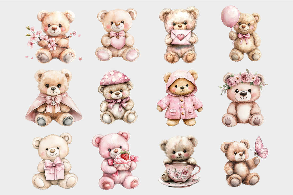 Watercolor Blush Teddy Bear Clipart, a Seasonal Illustration by Design Market (Photo 5 of 5)